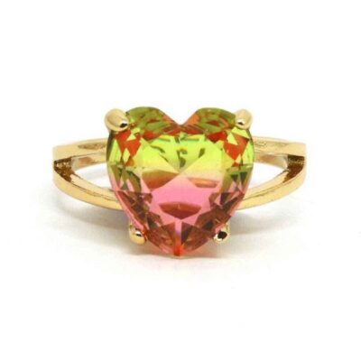 Anel Pedra Rainbow Coração - Rosa e Verde Claro - ARO 22