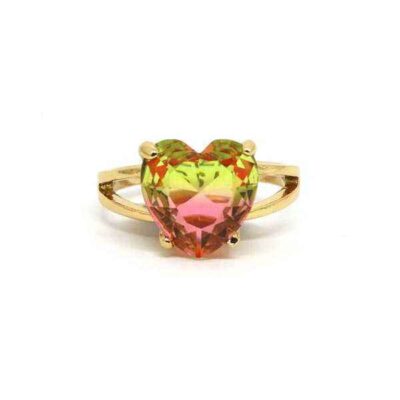 Anel Pedra Rainbow Coração - Rosa e Verde Claro - ARO 22