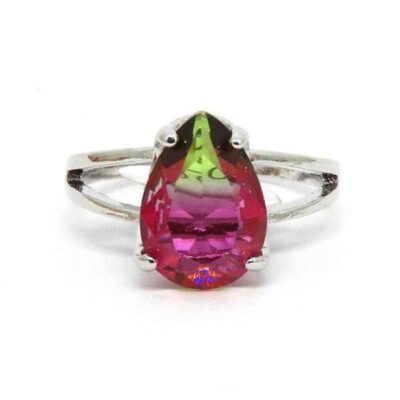 Anel Pedra Rainbow Gota - Prata - Pink e Verde - ARO 19