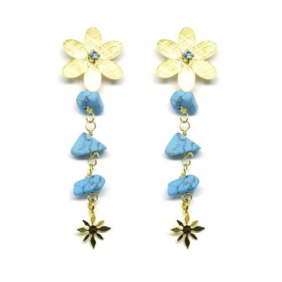 Brinco com Flor Dourada e Pedras Turquesa