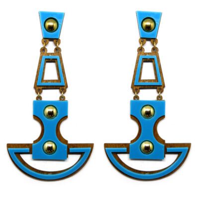 Brinco Grande de Acrílico e Madeira - Azul e Dourado