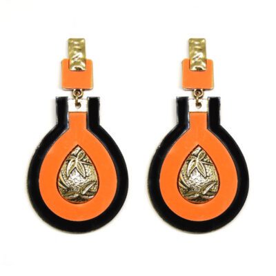 Brinco de Metal e Acrílico - Gota - Preto e Laranja