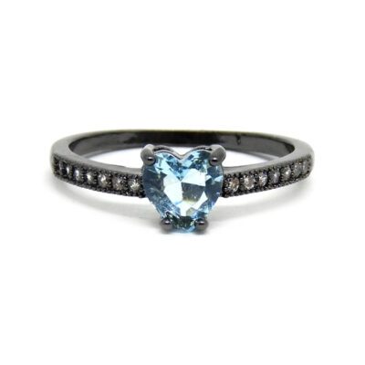Anel com Coração de Zirconia Azul Água
