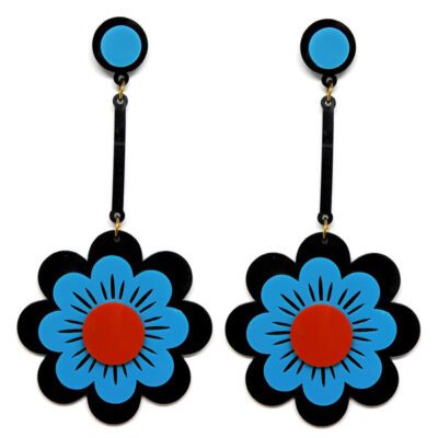 Brinco Grande Flor de Acrílico - Preto e Azul