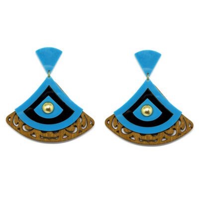 Brinco Leque de Madeira MDF e Acrílico Preto e Azul