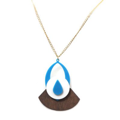 Colar Longo De Madeira e Acrílico Azul e Branco
