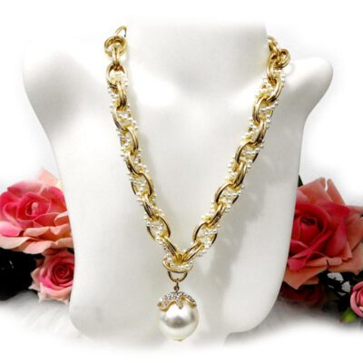 Maxi Colar Dourado com Correntes e Bola Perolada