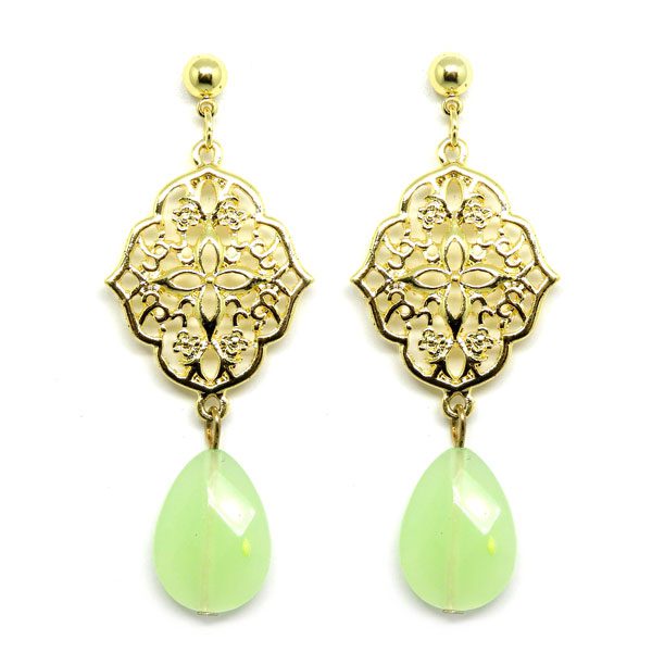 Brinco Arabesco Dourado com Gota Verde