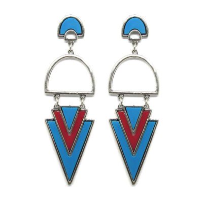 Brinco Geométrico Prata com Acrílico Azul e Vinho