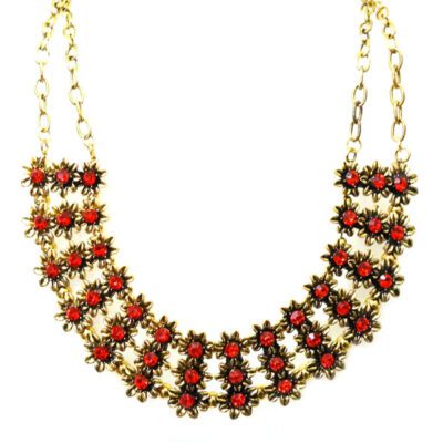 Maxi Colar Floral Dourado com Strass Vermelho