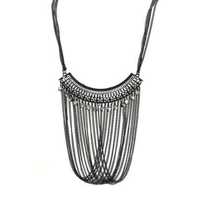 Maxi Colar Preto com Franjas e Strass