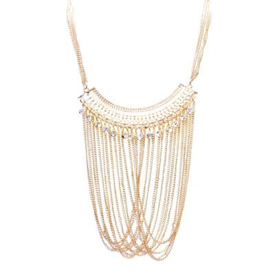 Maxi Colar Dourado Preto com Franjas e Strass