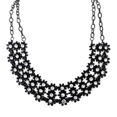 Maxi Colar Floral Preto com Strass