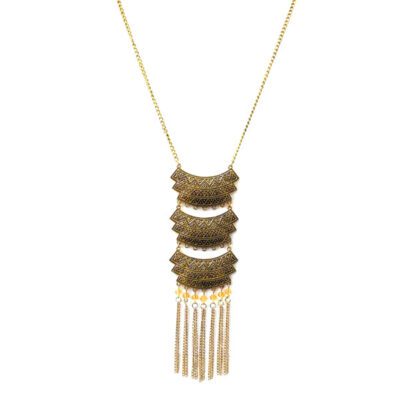 Colar Tribal Ouro Velho com Cristais Caramelo e Franja