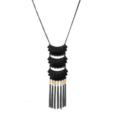 Colar Tribal Preto com Cristais Caramelo e Franja