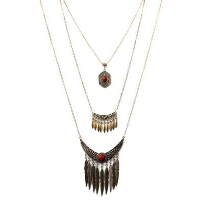 Colar Triplo Ouro Velho com Chaton Vermelho