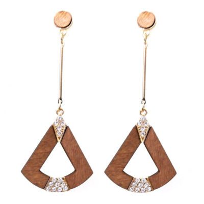 Brinco de Metal e Madeira Pendular com Strass