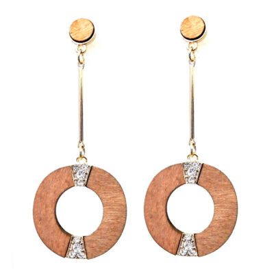 Brinco de Metal e Madeira Redondo com Strass