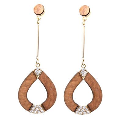 Brinco de Metal e Madeira Gota com Strass