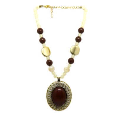 Colar com Bolas e Chaton Oval Marrom