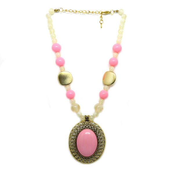Colar com Bolas e Chaton Oval Rosa
