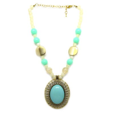 Colar com Bolas e Chaton Oval Turquesa