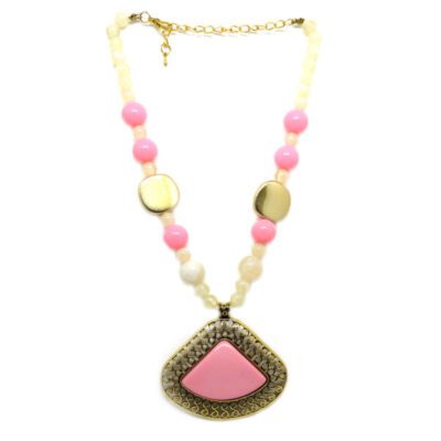 Colar com Bolas e Chaton Triangular Rosa