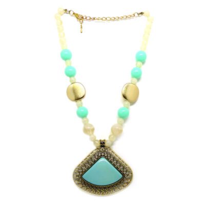Colar com Bolas e Chaton Triangular Turquesa