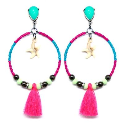 Brincos de Miçangas com Tassel - Verde e Pink