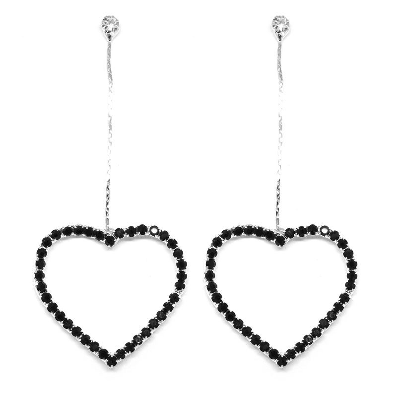 Brinco Prata Coração com Strass Preto