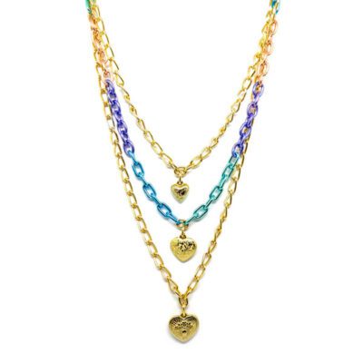 Colar Triplo de Correntes Tie-dye e Corações