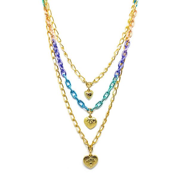 Colar Triplo de Correntes Tie-dye e Corações