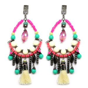 Brincos de Miçangas Rosa Neon e Branco com Tassel