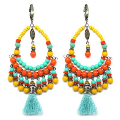 Brincos de Miçangas com Tassel, Laranja, Verde e Mostarda