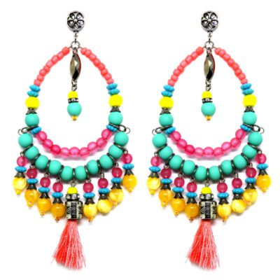Brincos de Miçangas com Tassel Rosa e Verde