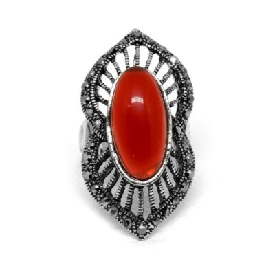 Anel Boho Oval Prata Velha com Vermelho