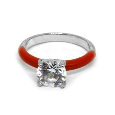 Anel Solitário Esmaltado Vermelho e Prata