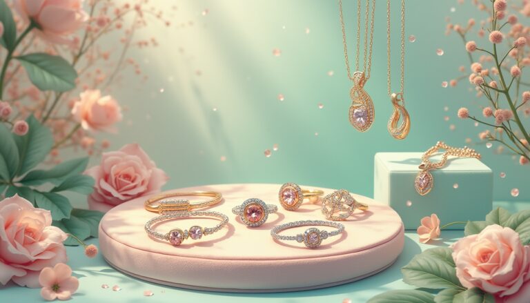 Exposição elegante de bijuterias com detalhes delicados em ouro e pedras preciosas, dispostas sobre um pedestal rosa claro, cercadas por flores suaves em tons pastel, criando uma atmosfera romântica e sofisticada.